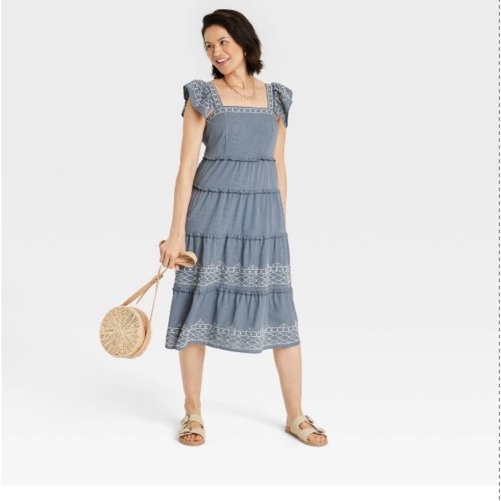Knox Rose Ruffle Short Sleeve Embroidered Tiered A-Line Dress Size XL